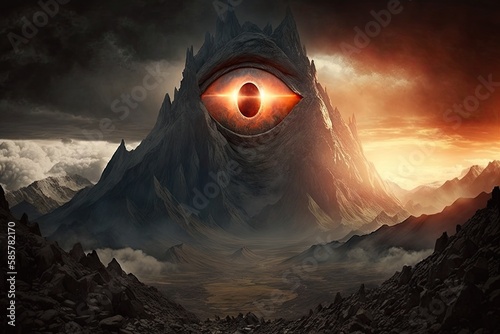 mordor landscape, with eye of sauron glaring down upon it, created with generative ai photo