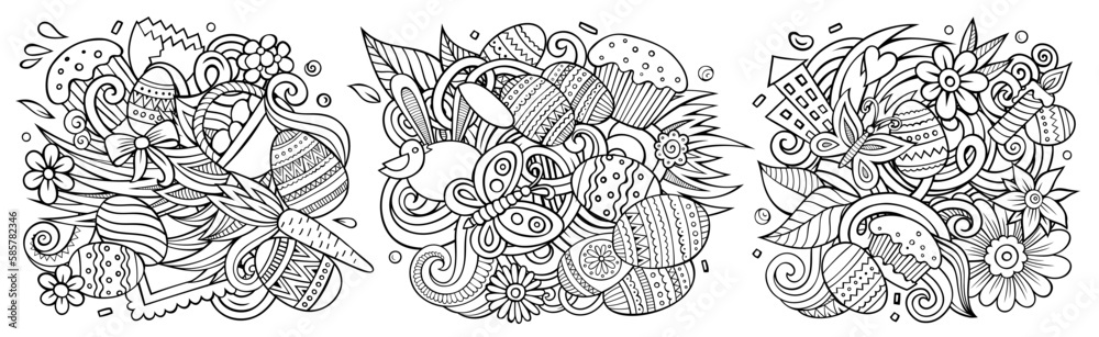 Happy Easter cartoon vector doodle designs set. Happy Easter cartoon vector doodle designs set.