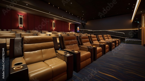 A fictional person. Modern Movie Theater Bathed in Ambient Light