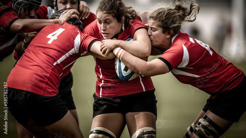 A fictional person. Intense Female Rugby Match in Action