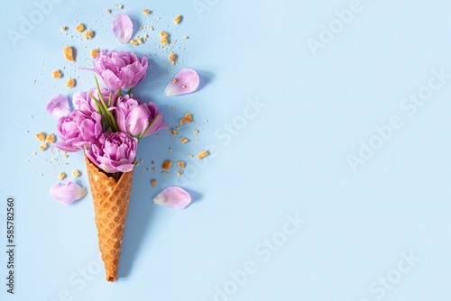 Wafer cone with tulips on blue background. Flower ice cream, spring concept with first flowers, mother's day, top view.