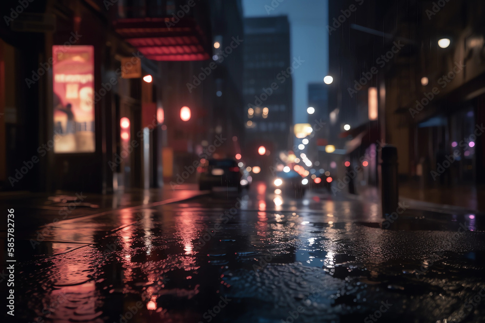 Low angle blurred photography of city lights by night on a rainy day. New York street city lights out of focus.