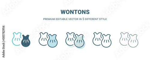 wontons icon in 5 different style. Outline, filled, two color, thin wontons icon isolated on white background. Editable vector can be used web and mobile
