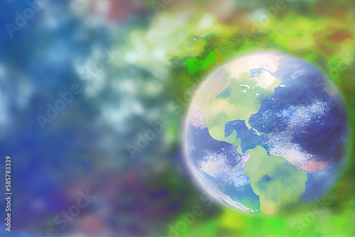 planet earth over defocused nature background with copy space  watercolor. Generative Ai