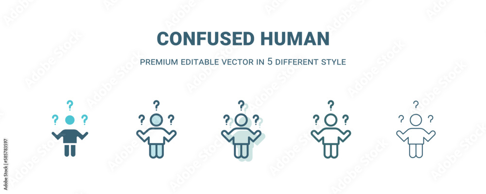 confused human icon in 5 different style. Outline, filled, two color, thin confused human icon isolated on white background. Editable vector can be used web and mobile
