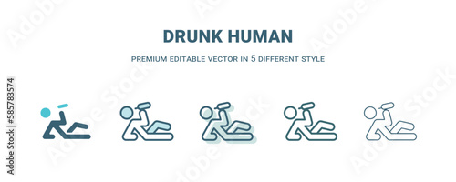 drunk human icon in 5 different style. Outline  filled  two color  thin drunk human icon isolated on white background. Editable vector can be used web and mobile