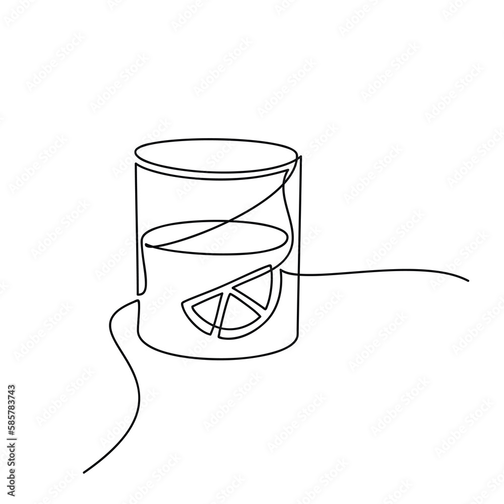 Outline glass of water with lemon piece slice vector one line