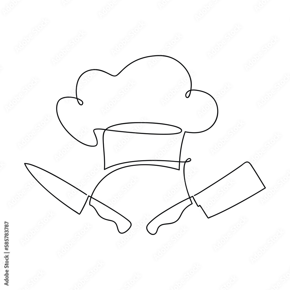 Chef knife and hat vector one line continuous drawing illustration ...