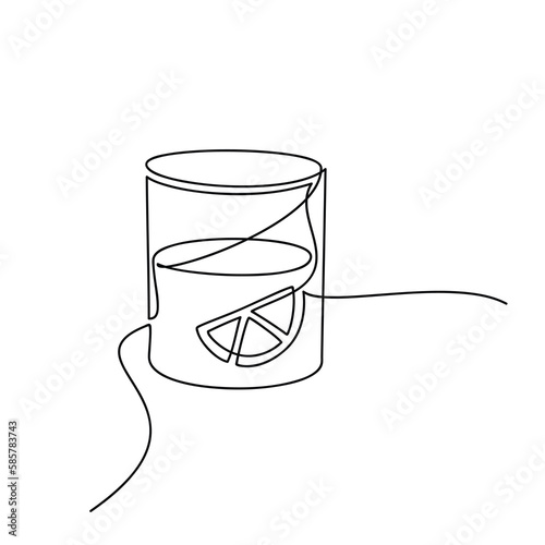 Outline glass of water with lemon piece slice vector. One line continuous drawing illustration. Hand drawn linear drink silhouette icon. Minimal design element for print, banner, card, poster, menu.