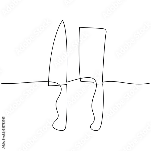 Hand drawn chef knife set vector one line continuous drawing illustration. Kitchen utensils linear silhouette. Cooking supplies icon. Outline design, print, banner, card, brochure, poster, menu.