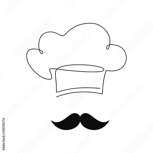 Flat black mustache and chef hat vector one line continuous drawing illustration. Hand drawn linear silhouette. Minimal outline design element for print, banner, card, brochure, poster, menu, logo.
