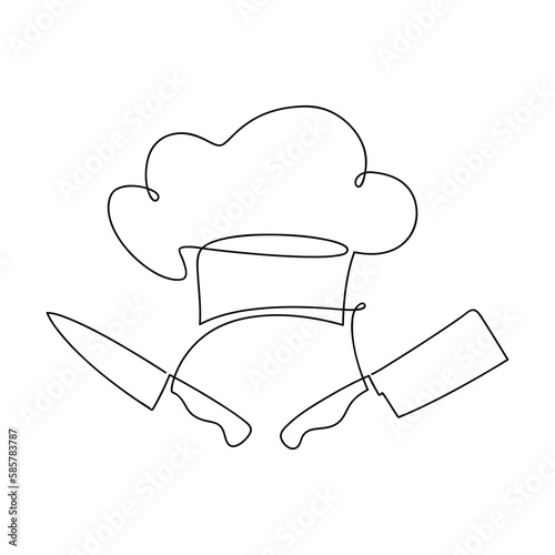 Chef knife and hat vector one line continuous drawing illustration. Hand drawn linear silhouette. Minimal outline design element for print, banner, card, brochure, poster, menu, logo.
