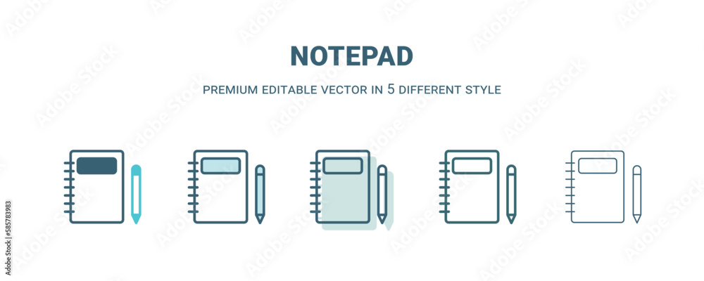 notepad icon in 5 different style. Outline, filled, two color, thin notepad icon isolated on white background. Editable vector can be used web and mobile notepad icon in 5 different style. Outline, filled, two color, thin notepad icon isolated on white background. Editable vector can be used web and mobile
