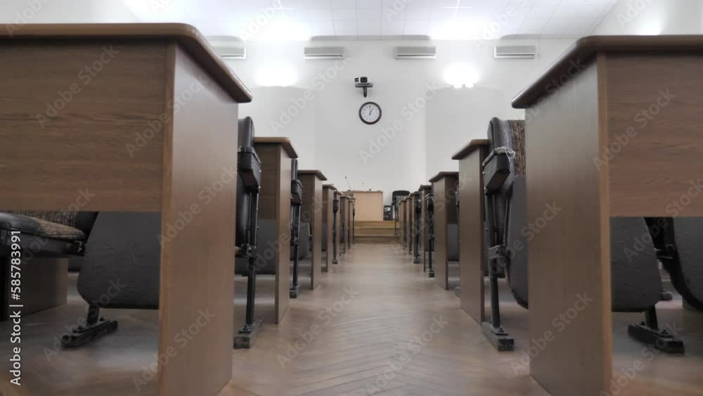 Empty Conference Hall, Lecture Room With Wooden Desks And Soft Chairs
Empty Conference Hall, Lecture Room With Wooden Desks And Soft Chairs