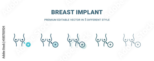 breast implant icon in 5 different style. Outline, filled, two color, thin breast implant icon isolated on white background. Editable vector can be used web and mobile