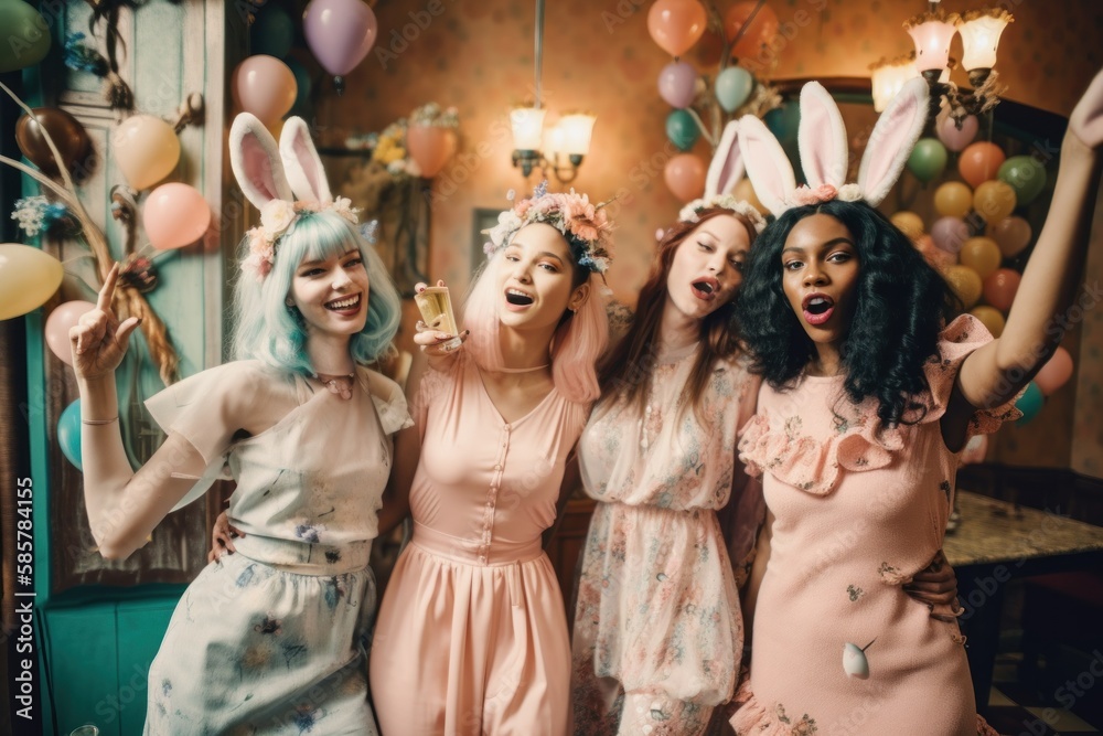 Young beautiful cheerful girls enjoy a crazy Easter party in hipster trendy costumes with bunny ears. Teenagers during the holidays. Generative AI.