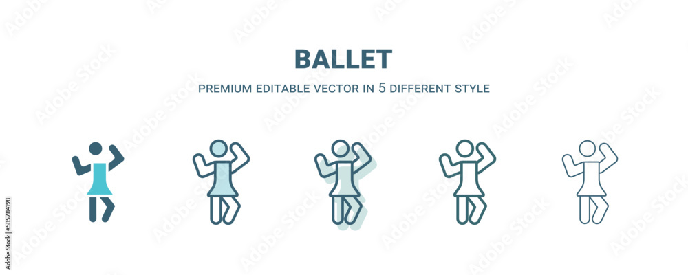 ballet icon in 5 different style. Outline, filled, two color, thin ballet icon isolated on white background. Editable vector can be used web and mobile