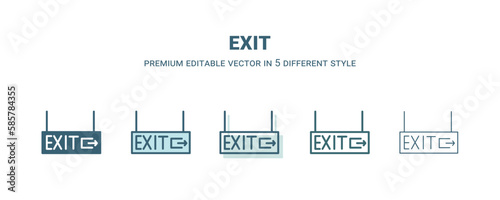 exit icon in 5 different style. Outline, filled, two color, thin exit icon isolated on white background. Editable vector can be used web and mobile