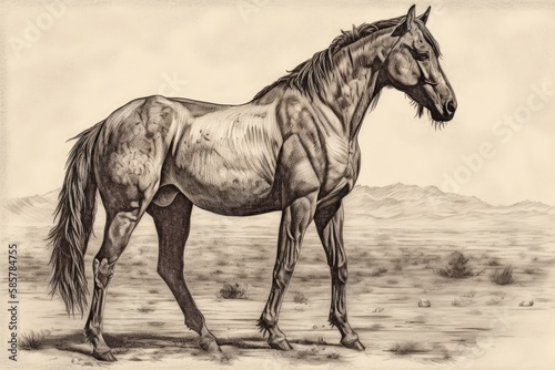 majestic horse standing in a barren desert landscape. Generative AI