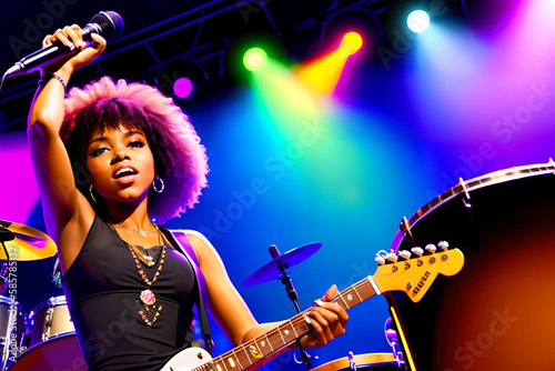 Beautiful girl African American rock star guitarist singing songs.