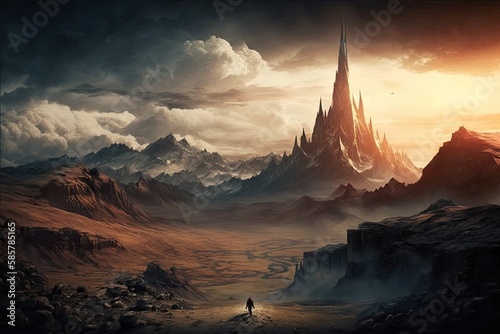 mordor landscape with towering mountain range in the background, created with generative ai