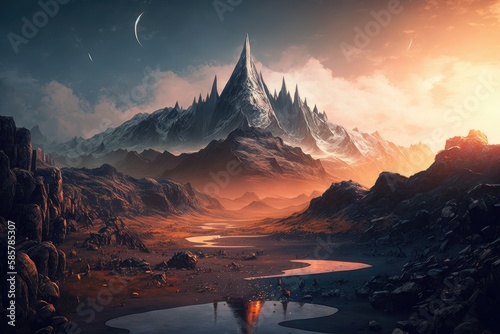 mordor landscape with towering mountain range in the background, created with generative ai photo