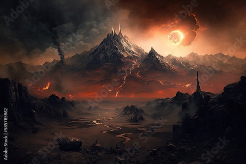 mordor land, with view of fiery mountain range and black smoke rising from the fires, created with generative ai