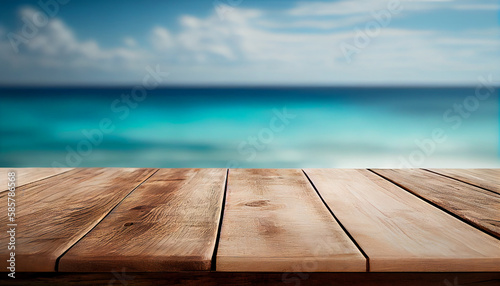 Wooden table top on blurred summer blue sea and sky background. Copy space for your display or montage product design.