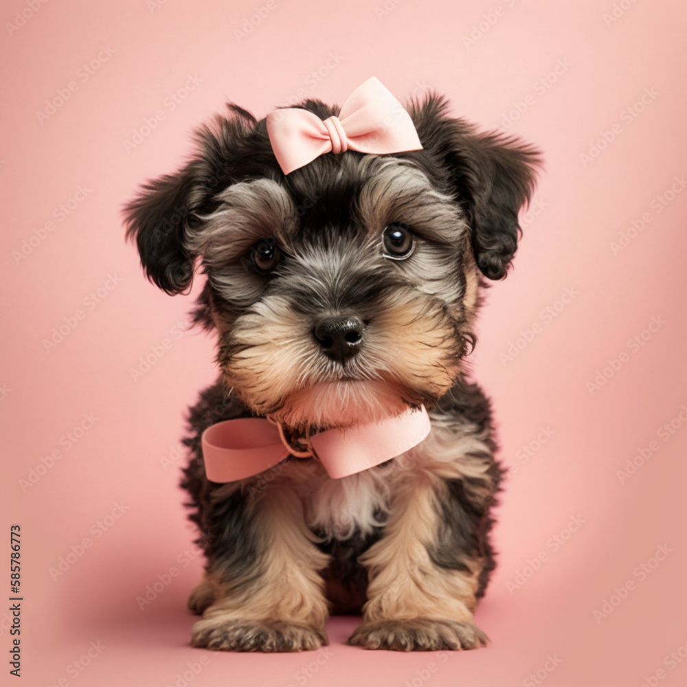 Cute dog with a bow on a pink background. Generative AI.