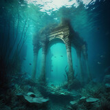 Underwater ruins. Underwater city. Generative AI.