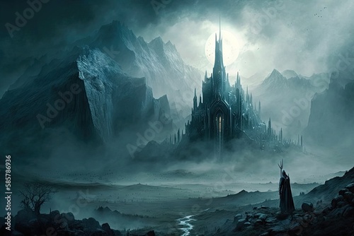 minas morgul, the haunted city of mordor, with mist rolling over the landscape, created with generative ai photo