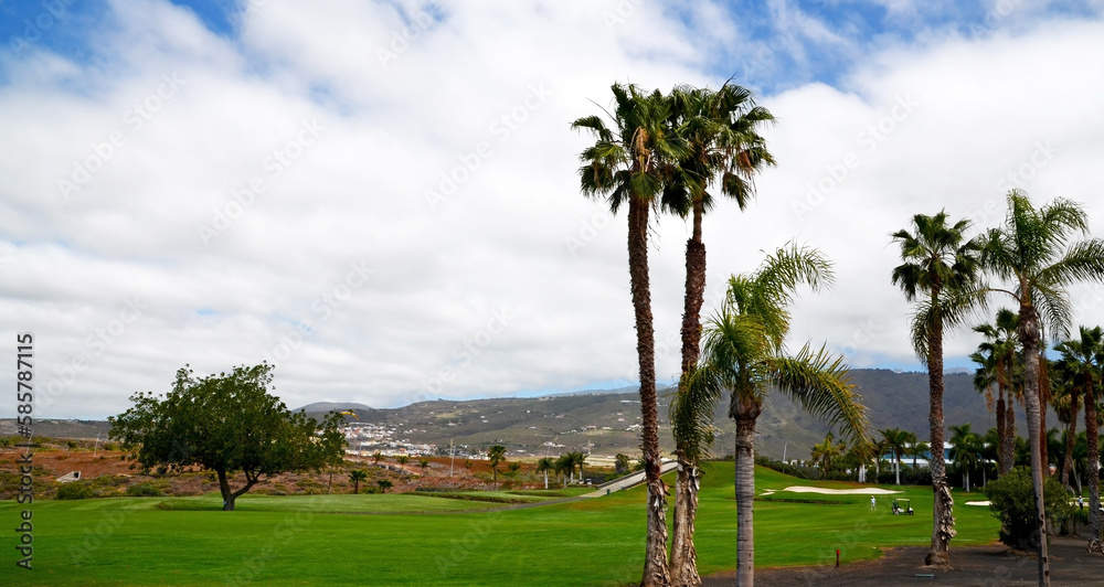 View of Golf Costa Adeje course on the south coast of Tenerife,Canary Islands, Spain.Summer vacation or travel concept.Selective focus.