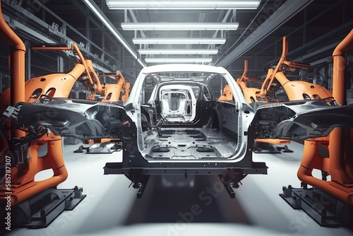 Assembly line for cars in a futuristic factory where only robots work