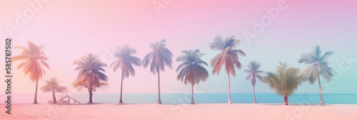 Beautiful gentle romantic summer landscape, sea coast under a clear sky. Palm trees on hot sand, pastel colors. Vacation and tropical paradise. Generative AI.