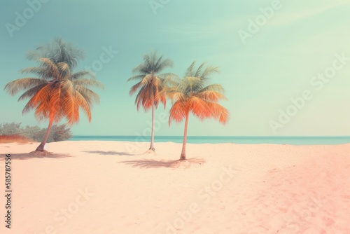 Beautiful gentle romantic summer landscape  sea coast under a clear sky. Palm trees on hot sand  pastel colors. Vacation and tropical paradise. Generative AI.