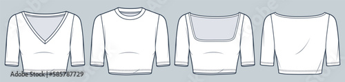 Set of Crop T-Shirt technical fashion illustration. Short Sleeved Top fashion flat technical drawing template, square neck, v neck, crew neck, slim fit, front and back view, white, women CAD mockup.