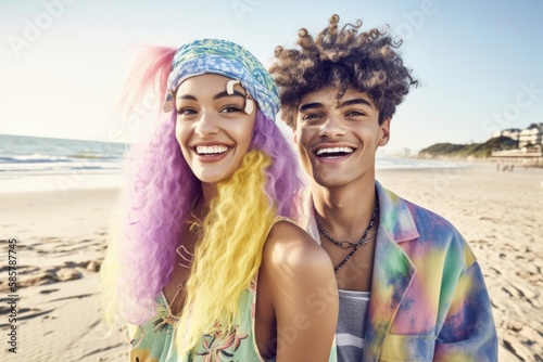 Young couple in love, beautiful happy people at a party on the beach, on the sea shore enjoying and laughing with music on the hot sand on a sunny day. Generative AI. © Uncanny Valley