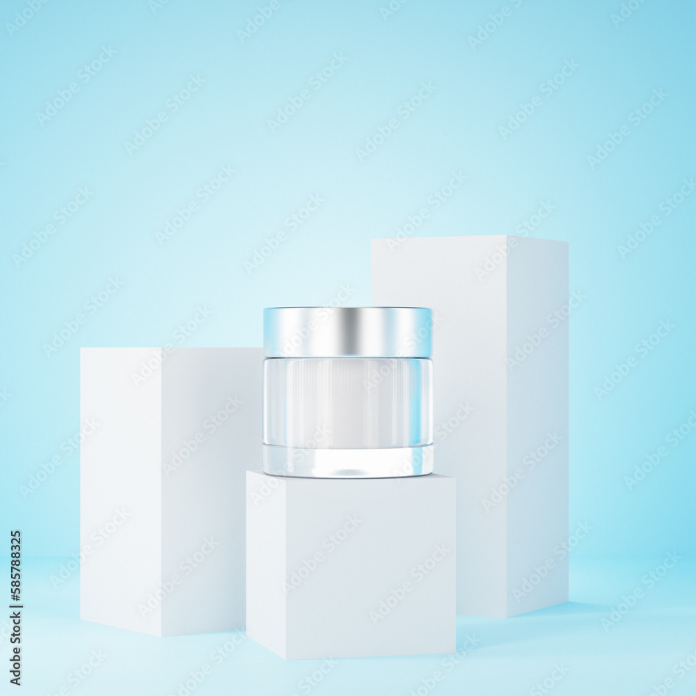 Glass cream container on blue background. 3d render