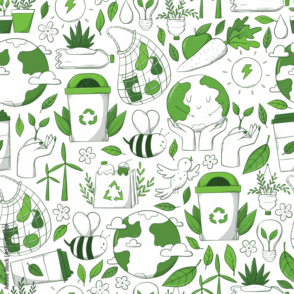 environment seamless pattern with sketched doodles of zero waste, sustainability, recycling. Wallpaper, textile print, package, wrapping paper design. EPS 10