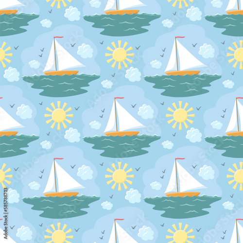 Seamless pattern with sailboat on the sea  hand-drawn. Vector illustration