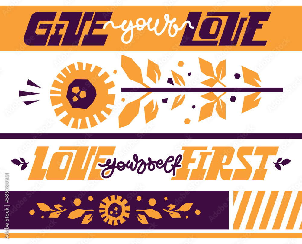 Give your love. Love yourself first. Graphic poster in folk style. Lettering with sunflowers and leaves