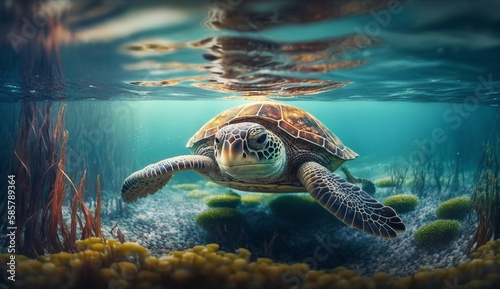 Turtle swims underwater in the sea  against the backdrop of beautiful nature  summer day