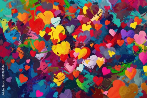Abstract canvas bursts with multicolored hearts. Generative AI © Gelpi