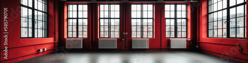 Red room with black window frames and white funaces. A vacant tenant space for small office  restaurants  and bars. wide format. Generative AI. 