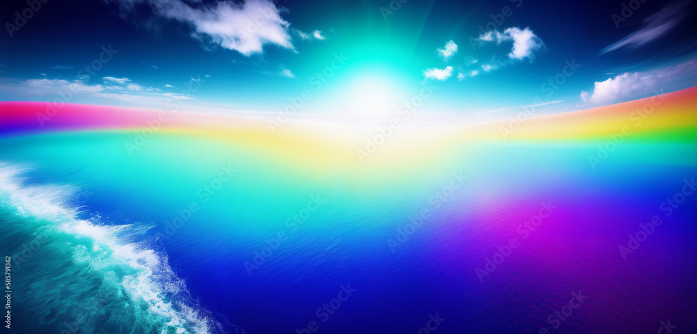 Big Surreal Sunrise Over Rainbow Ocean Generative AI Art Illustration