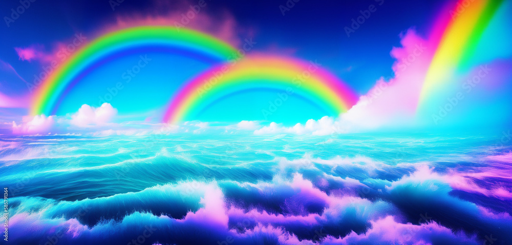 Crashing Ocean Waves With Rainbows Everywhere in the Sky Generative AI Art Illustration
