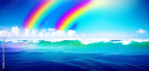 Blue Ocean With Sea Foam Waves and Double Rainbow in the Sky Generative AI Art Illustration © Lila Patel