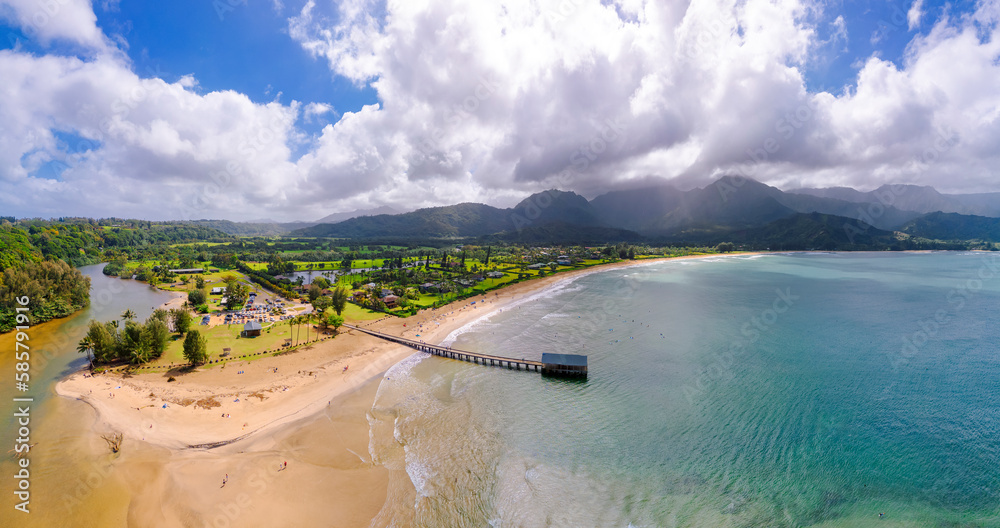 Aerial of Hanalei Beach pier Bay Kauai Hawaii USA