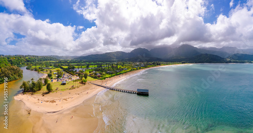 Aerial of Hanalei Beach pier Bay Kauai Hawaii USA photo
