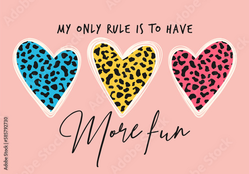 leopard pattern inside colorful heart shape and slogan graphic, vector illustration.